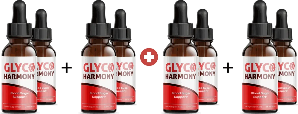 8 amber Glyco Harmony dropper bottles with black dropper tops and white and red labels (brand render, two copies of a 4-bottle render)