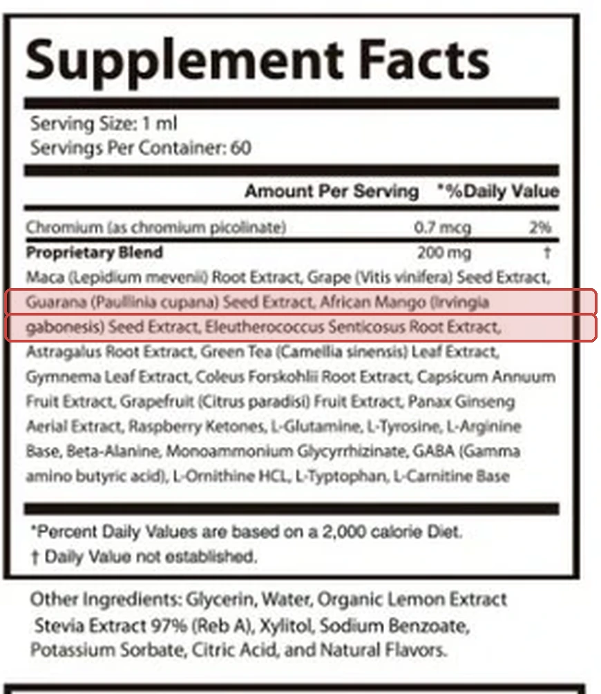 Supplement Facts crop with the African mango line highlighted
