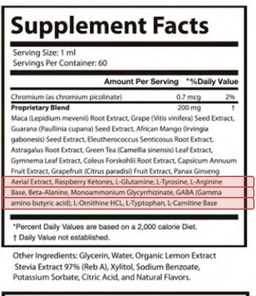 Close crop of the Glyco Harmony Supplement Facts panel with text lines 7, 8 and 9 of the blend marked for Amino acids
