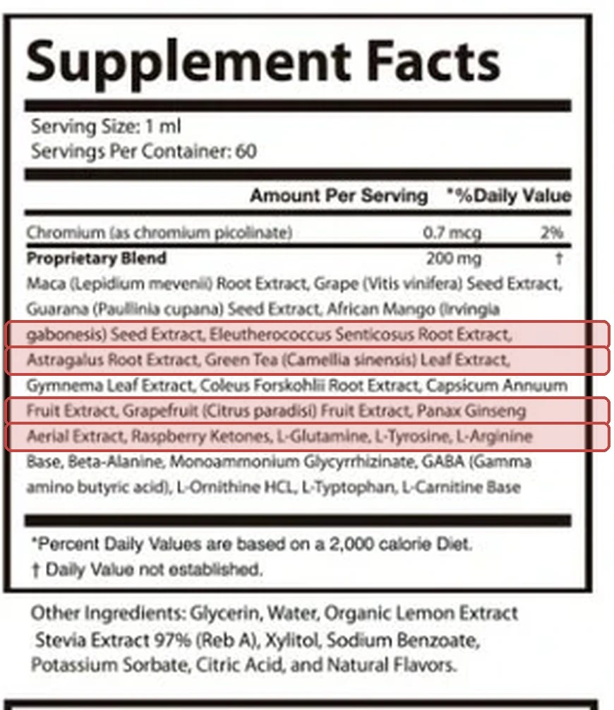Supplement Facts crop with the eleuthero, astragalus and Panax lines highlighted