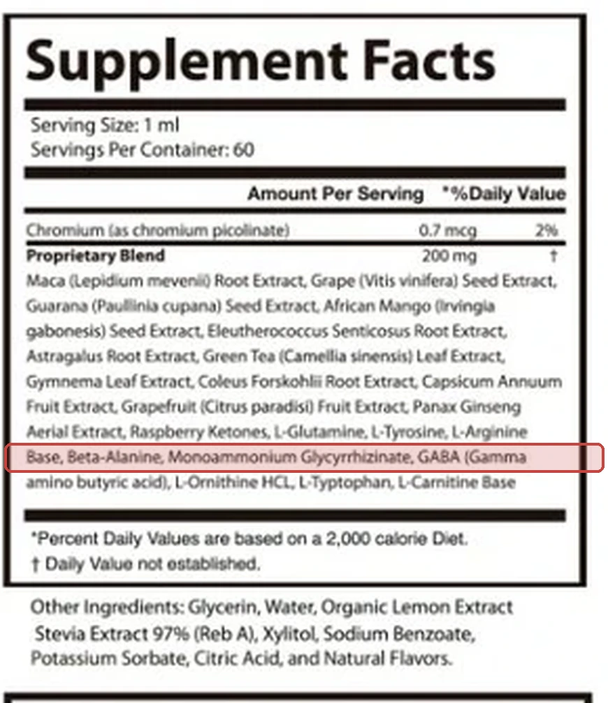 Close crop of the Glyco Harmony Supplement Facts panel with text line 8 of the blend marked for Glycyrrhizinate (licorice)