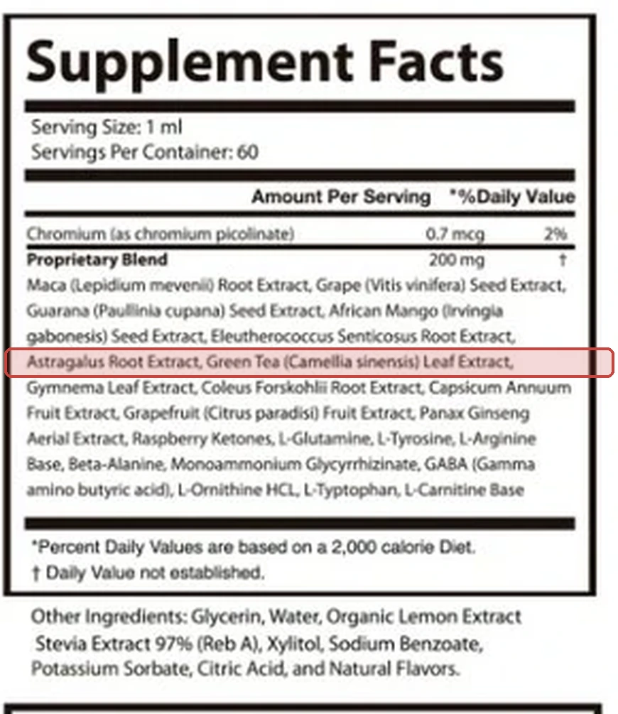 Supplement Facts crop with the green tea line highlighted