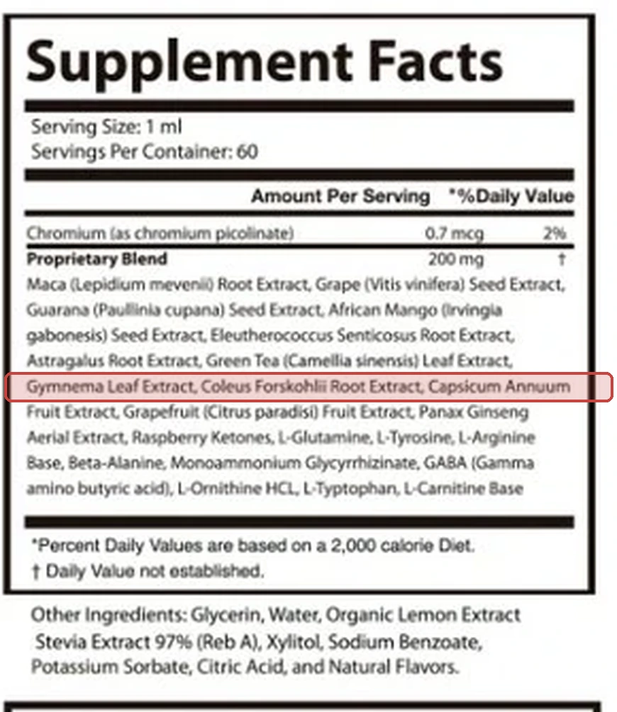 Close crop of the Glyco Harmony Supplement Facts panel with text line 5 of the blend marked for Gymnema