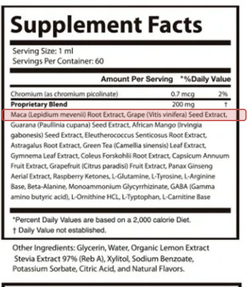 Supplement Facts crop with the maca line highlighted