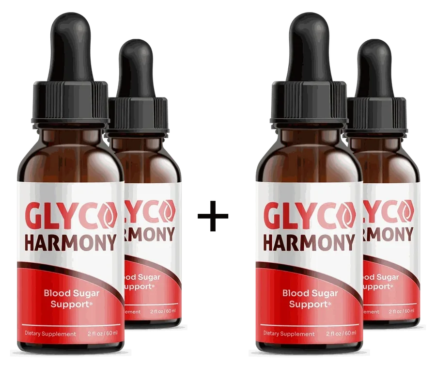 4 amber Glyco Harmony dropper bottles with black dropper tops and white and red labels (brand render)