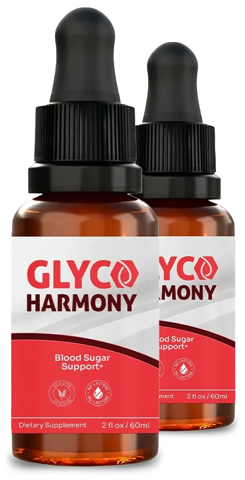 2 amber Glyco Harmony dropper bottles with black dropper tops and white and red labels (brand render)