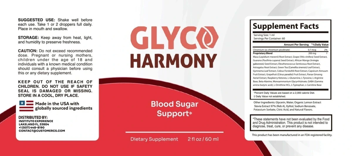 The flat Glyco Harmony label: suggested use, storage, caution, the Made in the USA badge and distributor on the left; the wordmark and Blood Sugar Support on the middle band; Supplement Facts, FDA statement and facility line on the right