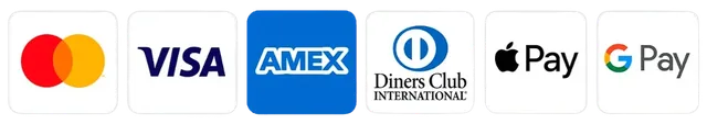 Payment logos: Mastercard, Visa, American Express, Diners Club, Apple Pay and Google Pay